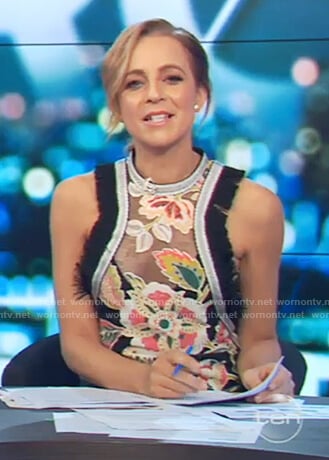 Carrie’s floral fringed trim top on The Project