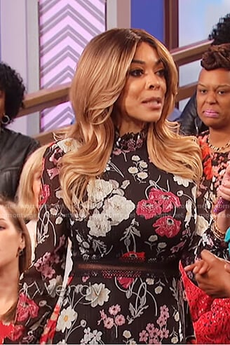 Wendy’s black floral print lace insert dress on The Wendy Williams Show