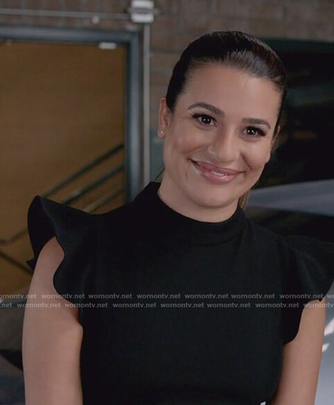 Valentina’s black flutter sleeve flare dress on The Mayor