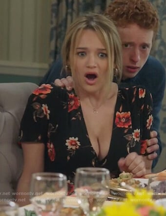 Clementine’s black floral print dress on Life in Pieces