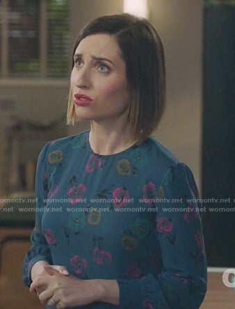 Jen’s blue floral print dress on Life in Pieces