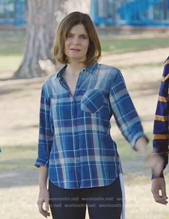Heather’s blue plaid long sleeve shirt on Life in Pieces
