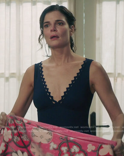 Heather’s navy v-neck one piece swimsuit on Life in Pieces