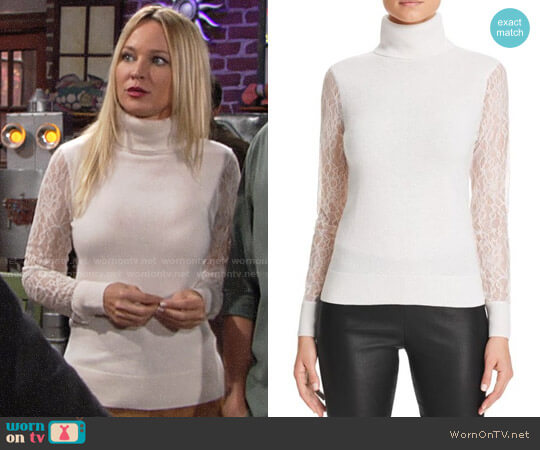 C by Bloomingdales Lace Sleeve Turtleneck Cashmere Sweater worn by Sharon Newman (Sharon Case) on The Young and the Restless