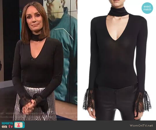 Cinq a Sept Elara Choker-Collar Lace-Cuffs Bodysuit worn by Catt Sadler on E! News
