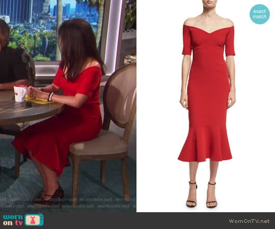 Cinq a Sept Marta Off-the-Shoulder Peplum-Hem Midi Dress worn by Julie Chen on The Talk