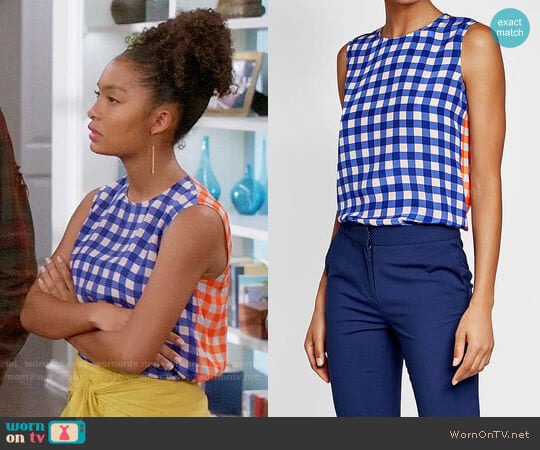 Diane von Furstenberg Colorblock Print Silk Shell worn by Zoey Johnson (Yara Shahidi) on Black-ish