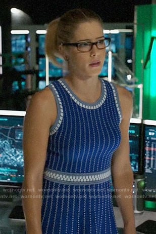 Felicity’s blue textured stripe dress on Arrow