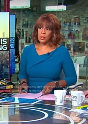 Gayle’s teal blue asymmetric v-neck dress on CBS This Morning