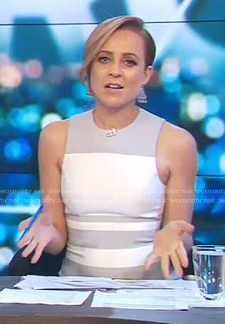 Carrie’s two tone sleeveless sheath dress on The Project