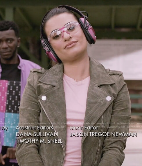 Valentina’s green suede moto jacket on The Mayor