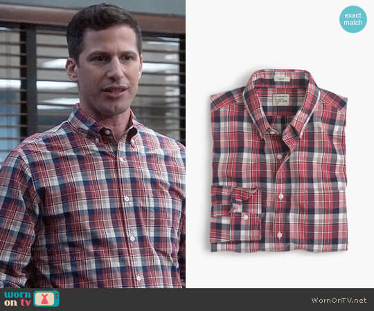 J.Crew Slim Secret Wash Shirt in Classic Red Plaid worn by Jake Peralta (Andy Samberg) on Brooklyn Nine-Nine