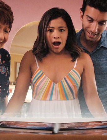Jane’s white dress with multi-colored stripes on Jane the Virgin
