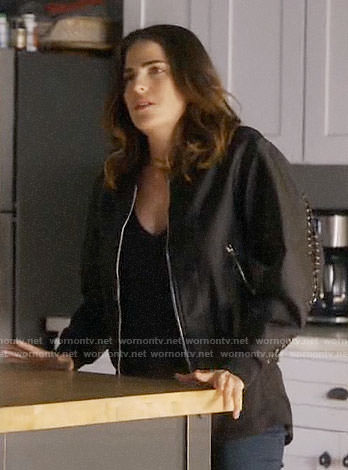 Laurel’s black bomber jacket with lace-up detail on How to Get Away with Murder