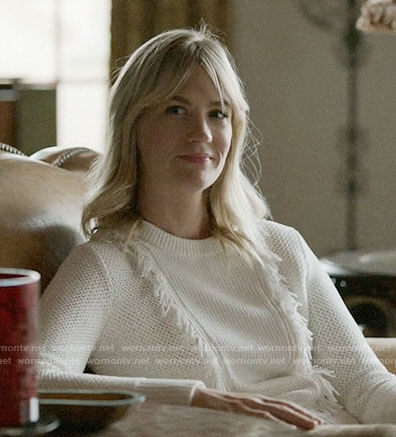 Melissa’s white fringed sweater on Last Man on Earth