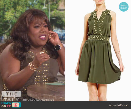 MICHAEL Michael Kors Split Neck Dome Studded Accented Band Shift Dress worn by Sheryl Underwood on The Talk