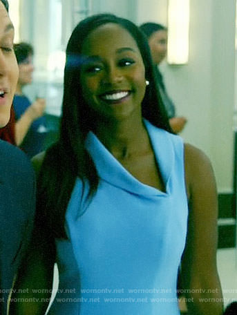 Michaela’s blue asymmetric collar dress on How to Get Away with Murder