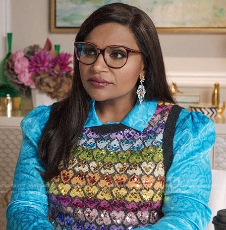 Mindy’s blue heart print shirt and rainbow heart vest on The Mindy Project