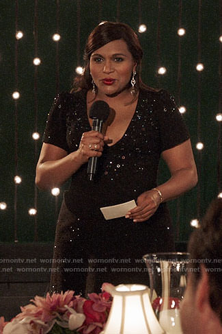 Mindy’s black embellished v-neck dress on The Mindy Projct