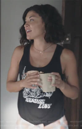 Nessa’s black wanderlust print tank top on Shameless