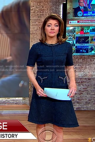 Norah’s blue tweed dress with pearls on CBS This Morning