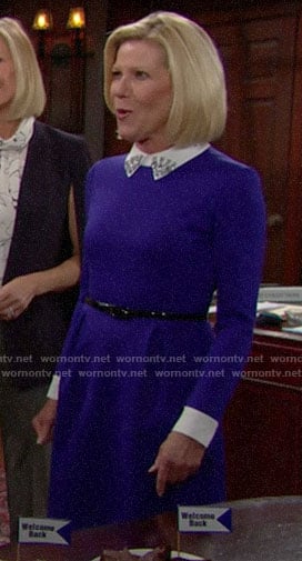 Pam’s blue dress with embellished collar on The Bold and the Beautiful