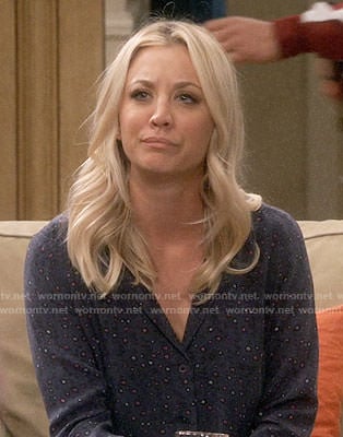 Penny’s navy printed button down shirt on The Big Bang Theory