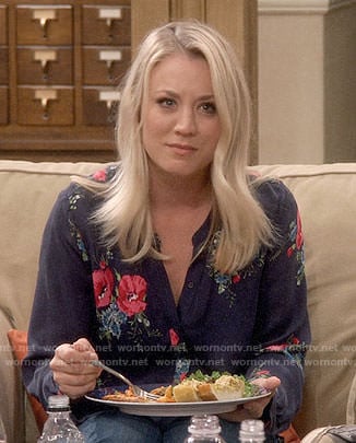 Penny’s navy blouse with pink flower print on The Big Bang Theory