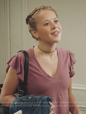 Sam’s purple flutter sleeve t-shirt on Life in Pieces
