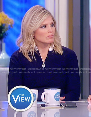 Sara’s navy ribbed bell sleeve dress on The View