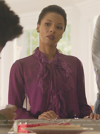 Catherine’s purple ruffle blouse on Marvel’s Runaways