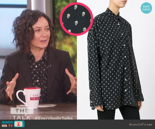 R13 Allover Skull Print Shirt worn by Sara Gilbert on The Talk