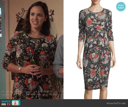 Rebecca Taylor Floral-Print Crewneck Long-Sleeve Jersey Dress with Ruching worn by Amy Santiago (Melissa Fumero) on Brooklyn Nine-Nine