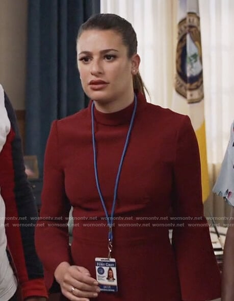 Valentina’s red bell sleeve mock-neck dress on The Mayor