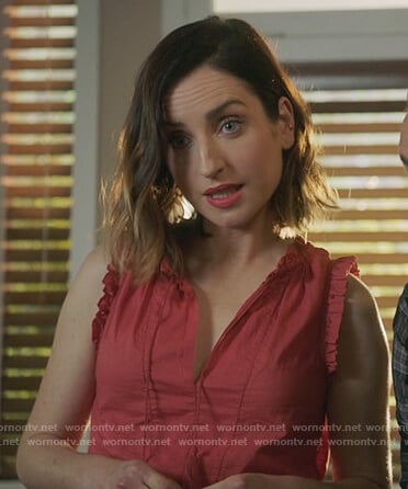 Jen’s red tassel tie ruffle top on Life in Pieces