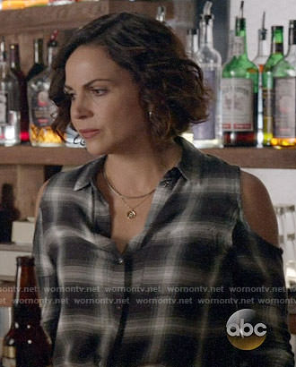 Roni’s black plaid cold-shoulder shirt on Once Upon a Time
