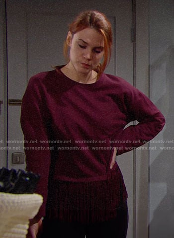 Sally’s red fringed trim sweatshirt on The Bold and the Beautiful