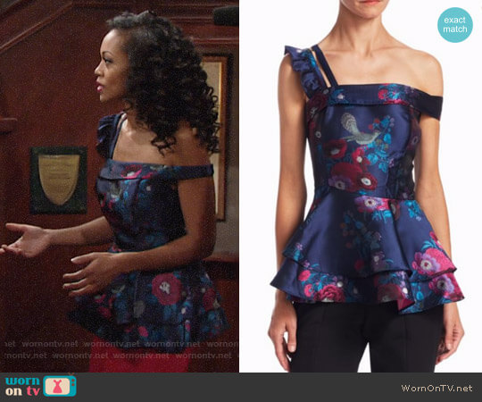Scripted Floral Jacquard Peplum Top worn by Hilary Curtis (Mishael Morgan) on The Young and the Restless