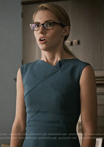 Stevie’s teal blue folded neck dress on Madam Secretary