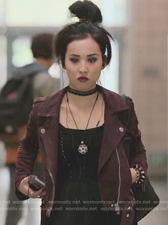 Nico’s burgundy moto jacket on Marvel’s Runaways