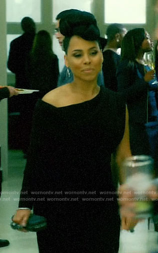 Tegan’s black one-sleeve dress and studded clutch on How to Get Away with Murder