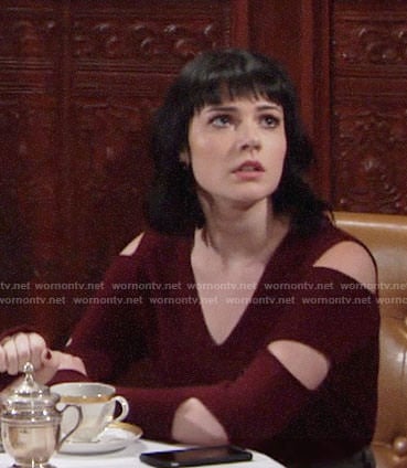 Tessa’s red sweater with sleeve cutouts on The Young and the Restless