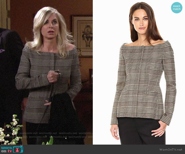 Theory Off-the-Shoulder Wool Plaid Jacket worn by Ashley Abbott (Eileen Davidson) on The Young and the Restless