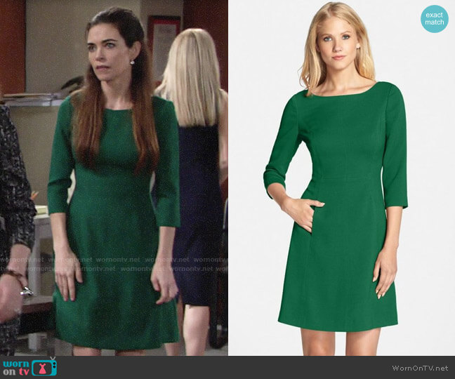 Vince Camuto Crepe A-Line Dress in Green worn by Victoria Newman (Amelia Heinle) on The Young and the Restless