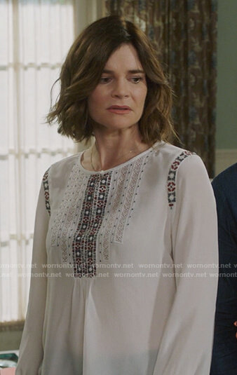 Heather’s white embroidered trim top on Life in Pieces
