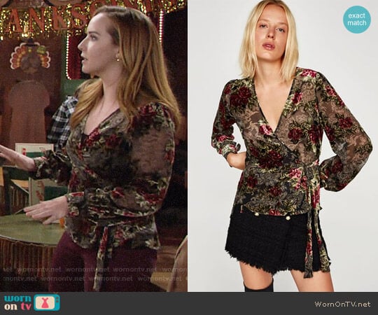 Zara Devore Vevlet Wrap Blouse worn by Mariah Copeland (Camryn Grimes) on The Young and the Restless