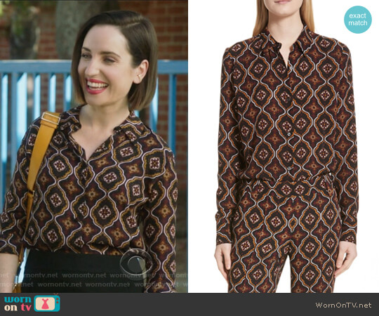 ALC Aubrey Print Silk Top worn by Jennifer Short (Zoe Lister-Jones) on Life in Pieces