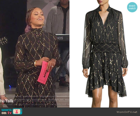 ALC Tula Split-Neck Long-Sleeve Silk Metallic Dress worn by Eve on The Talk