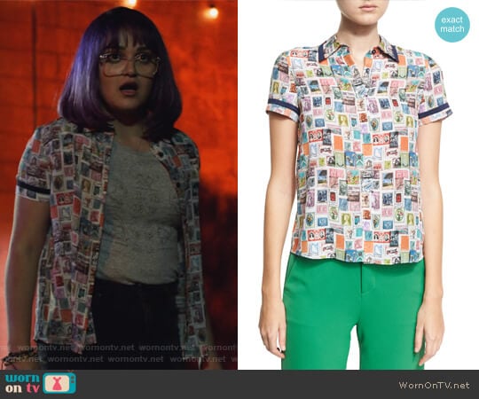 Alice + Olivia Oswald Short-Sleeve Button-Down Top worn by Gert Yorkes (Ariela Barer) on Marvels Runaways
