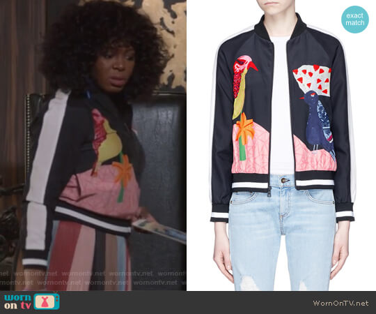 Alice + Olivia Felisa Bird and Plant Print Silk Bomber Jacket worn by Porsha Taylor (Ta'Rhonda Jones) on Empire